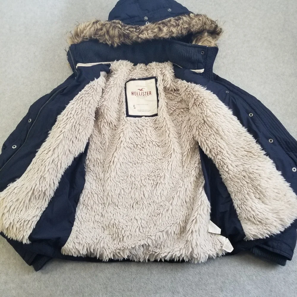 Y2K Hollister Jacket Womens Small Blue Faux Fur Hooded Down Coat Vintage Sherpa‎